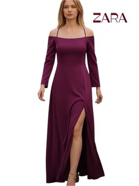 ZARA Plum Off-Shoulder Long Sleeve Slit Maxi Dress NWOT Size M